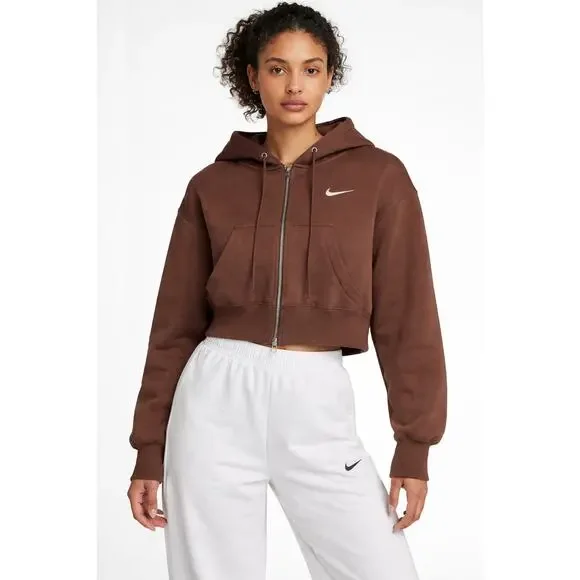 Nike Sportswear Phoenix Fleece Cropped Hoodie Brown Full Zip Loose Women’s L - Picture 1 of 7